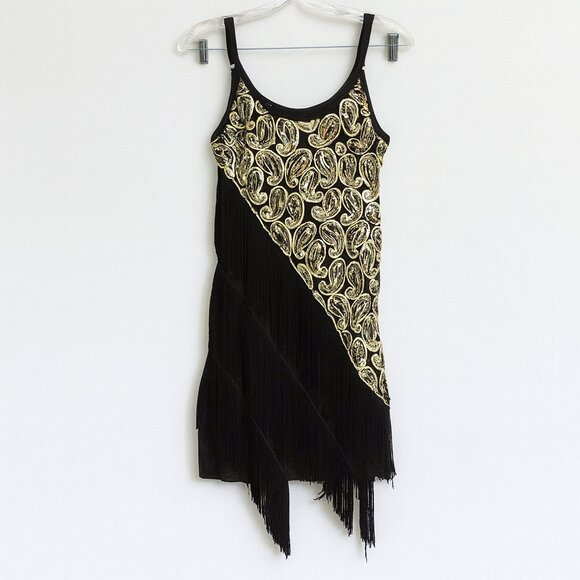Black Gold Sequin Fringe Holiday Dress M - Picture 1 of 3